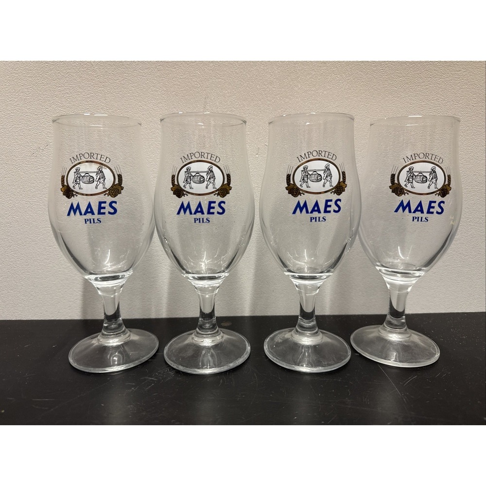 Maes‎ Pils Beer Glass 6 1/2" Belgium Stemmed Tulip Set Of 4